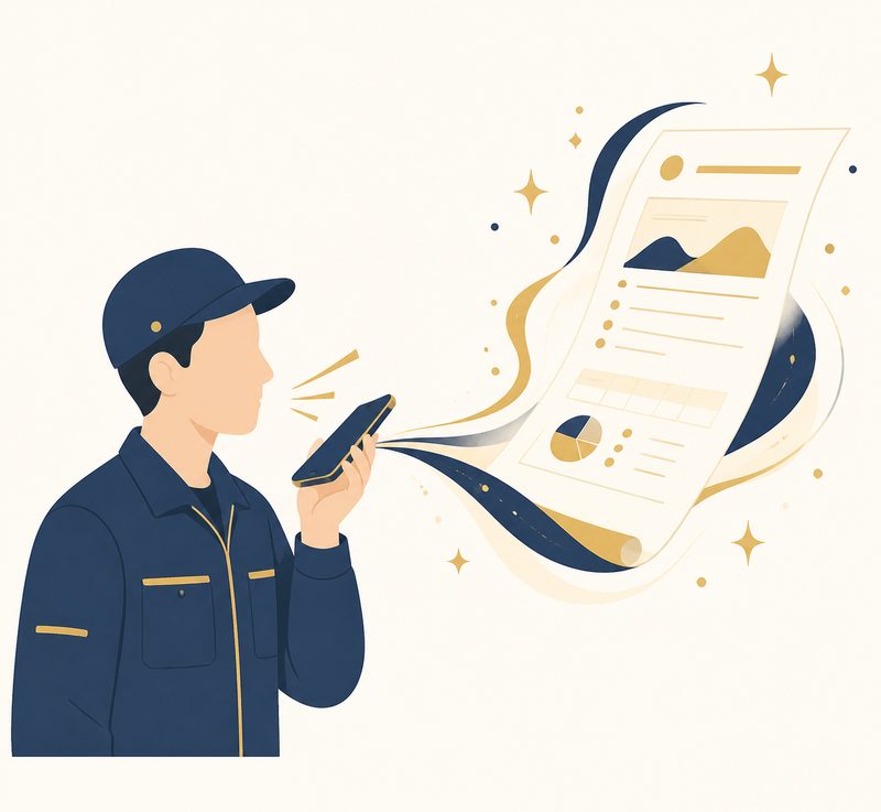 作業着の技術者がスマートフォンに話しかけると報告書ができるイラスト