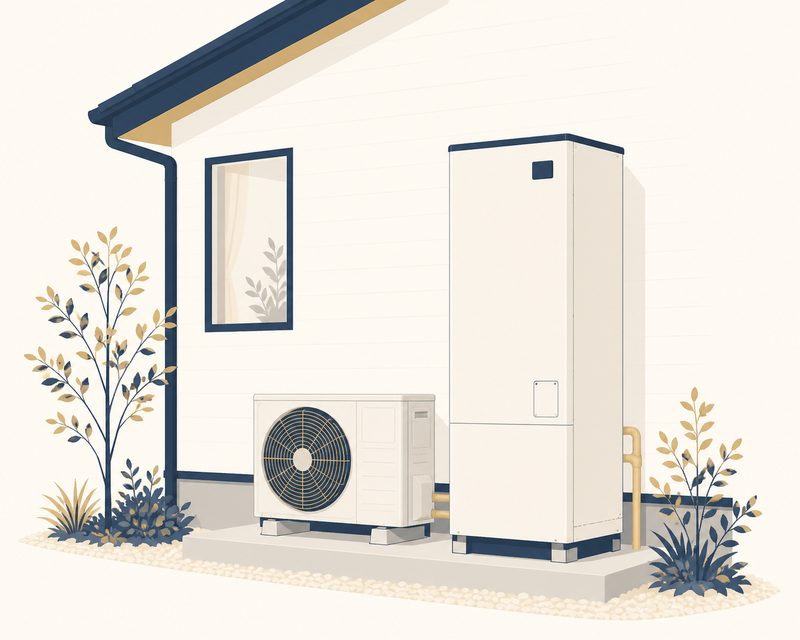 住宅横に設置されたエコキュートの貯湯タンクとヒートポンプユニットのイラスト