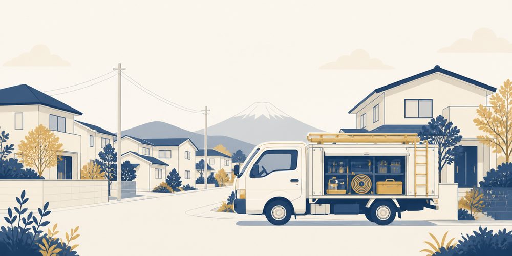 住宅街に停まる設備メンテナンスの作業車のイラスト